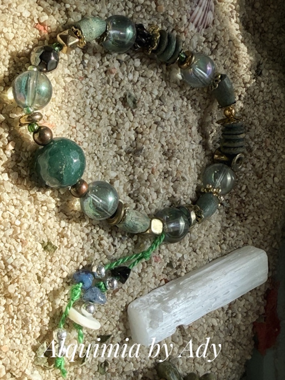 JADE + AURA QUARTZ + WOOD Green and Gold Mixed-Bead Bracelet - Picture 2 of 2